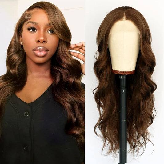 Chocolate Brown Lace Front Wig Long Wavy Curly Hair Wigs Natural Looking Glueless Lace Wigs Heat Resistant Fiber Hair Brown Synthetic Wig for Women Daily Use