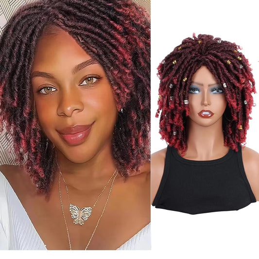 Dreadlock Wig for Black Women Braided Wigs Short Curly Braid Wig Twist Wig Synthetic Red Curly Wigs for Women(Black Mix Burgundy)