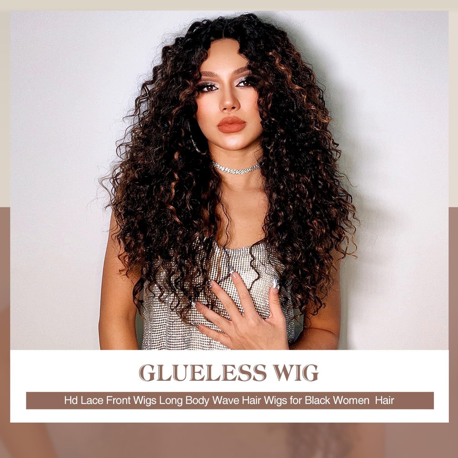 Synthetic Heat Resistant Wavy Wig for Women, 26 Inch Long Body Wavy, Brown with Blonde Highlights, Glueless Lace Front Wig