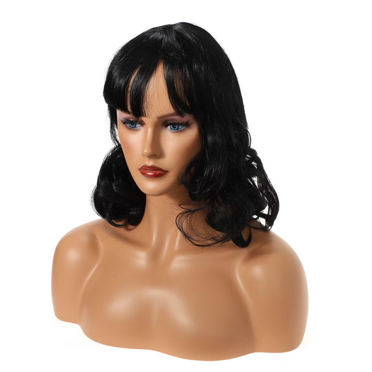 Wigs for Women 16" Black Curly Wig with Wig Cap Natural Full Medium Wavy