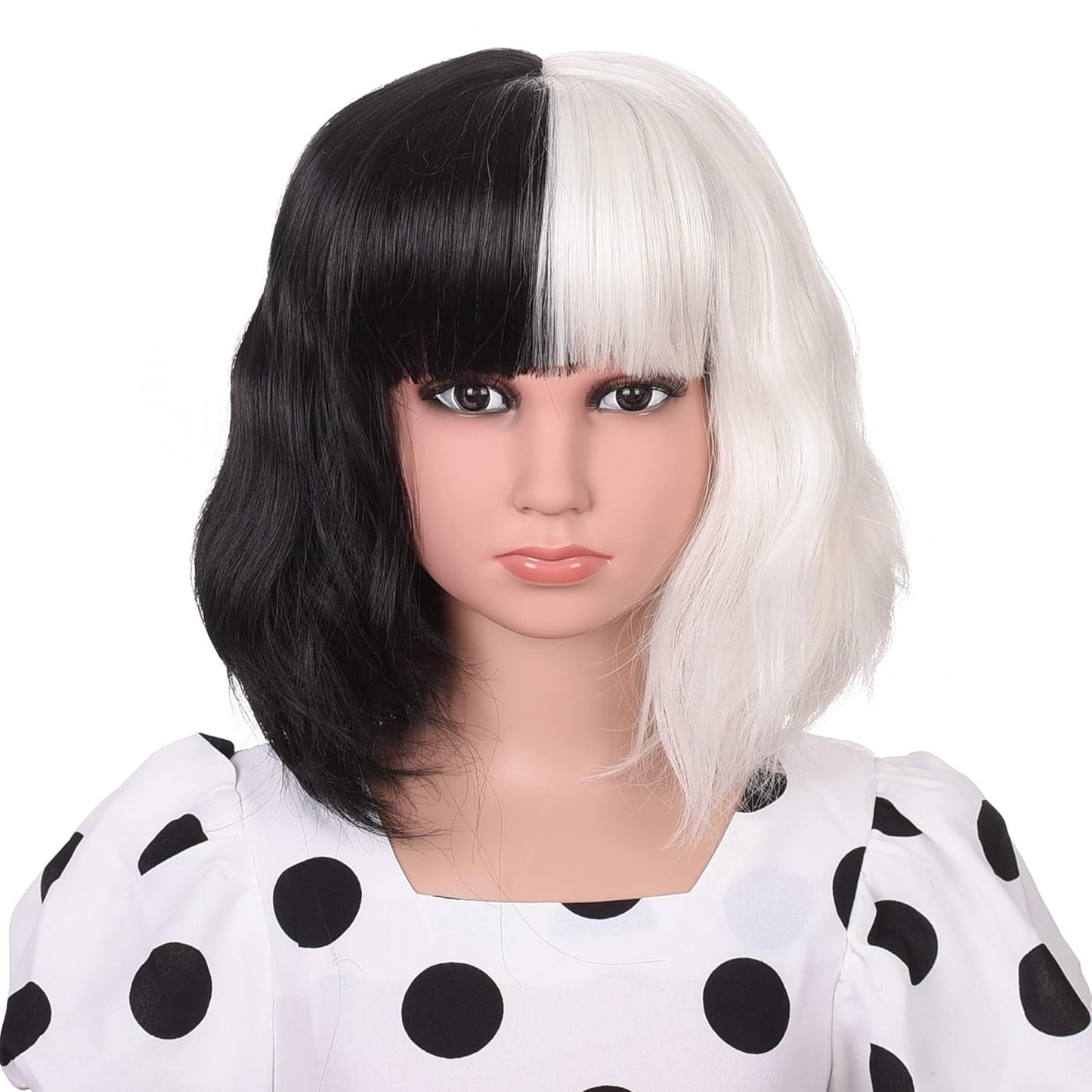 3+ Years Kids Black and White Wig with Necklace for Cosplay Costume Short Wavy Bob Synthetic Wigs with Bangs for Girls Children Halloween Party