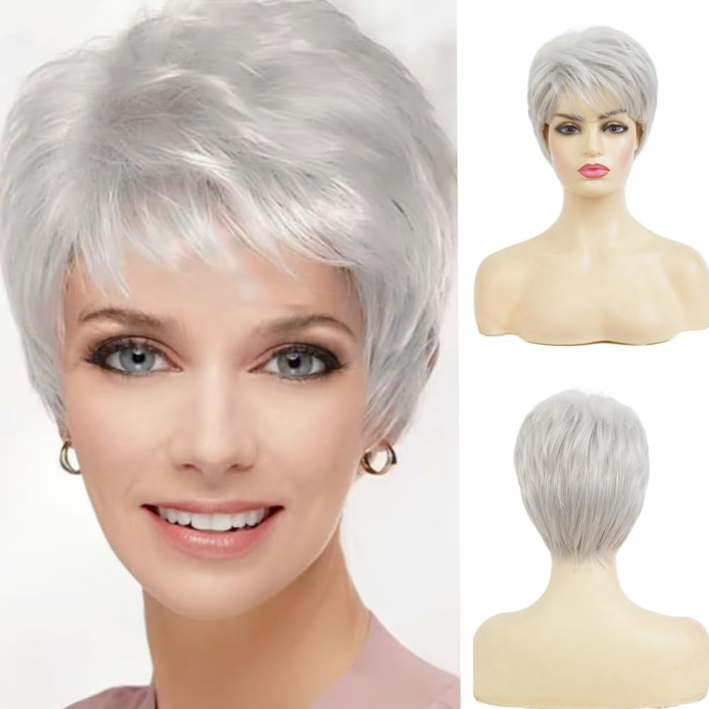 Short White Wigs for Women Pixie Cut Wig with Bangs Synthetic Hair Halloween Daily Party Wig(Silver White)