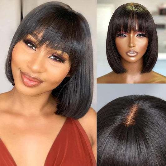 Bob Wig Human Hair with Bangs Short Black Bob Wigs for Women Human Hair Brazilian Virgin Straight Hair Bob Wigs with Bangs Natural Color