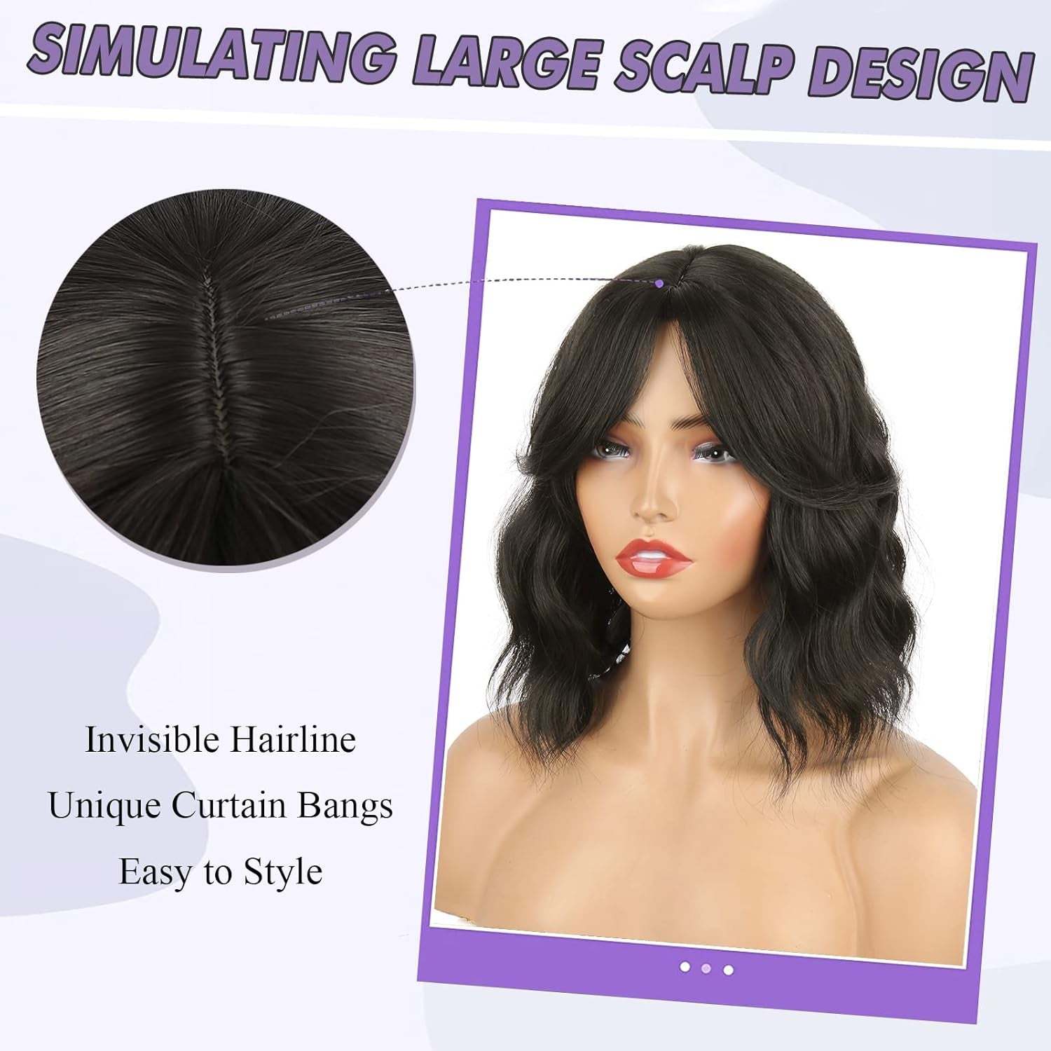 Dark Brown Wavy Bob Wig Natural Brown Curly Bob Wig with Curtain Bangs for Black Women,Synthetic Short Curly with Bangs Wavy Shoulder Length Hair for Daily Use 4#