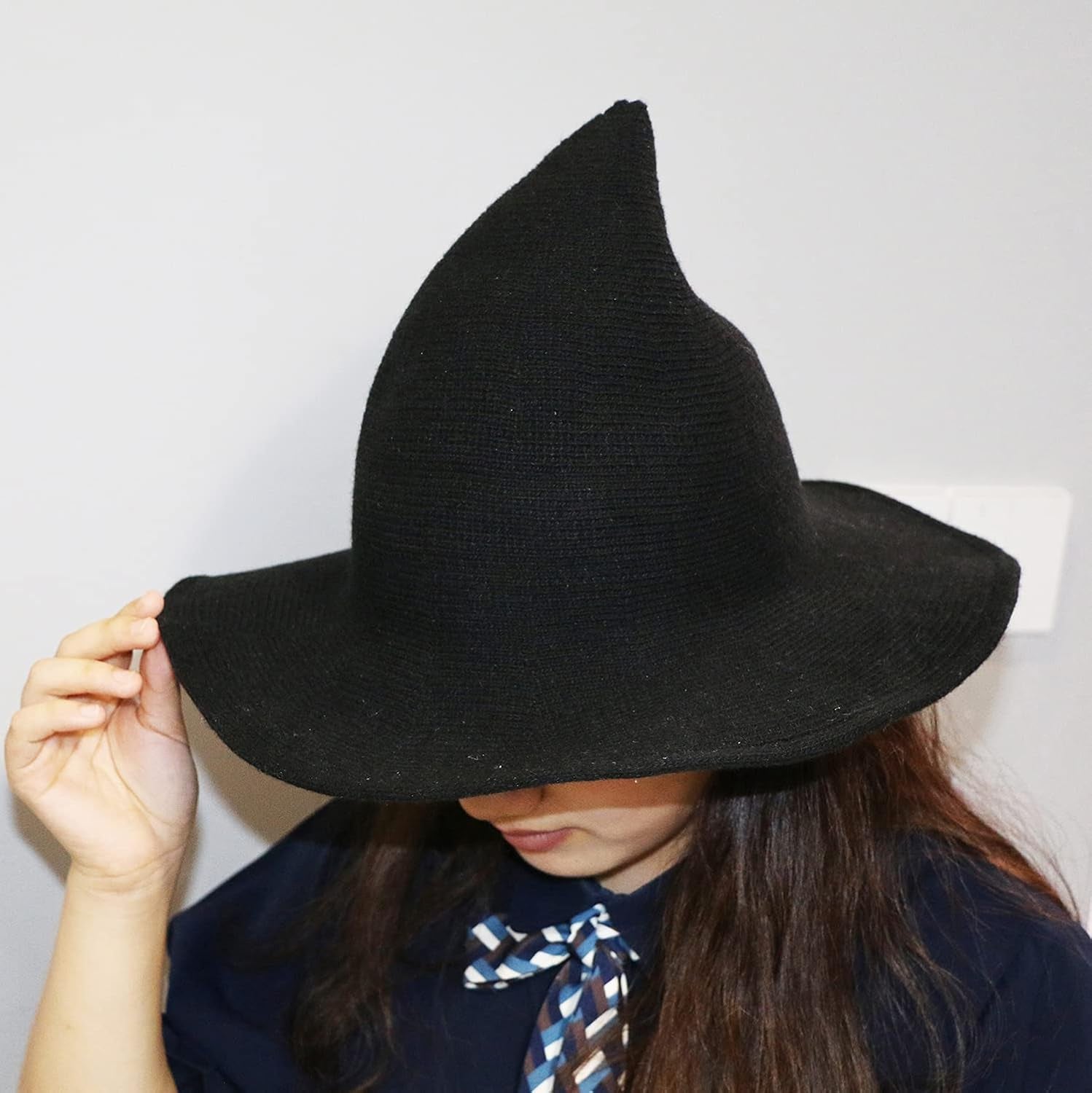 Womens Witch Hat Knitted Wool Cap for Halloween Party Masquerade Cosplay Costume Accessory and Daily, Black