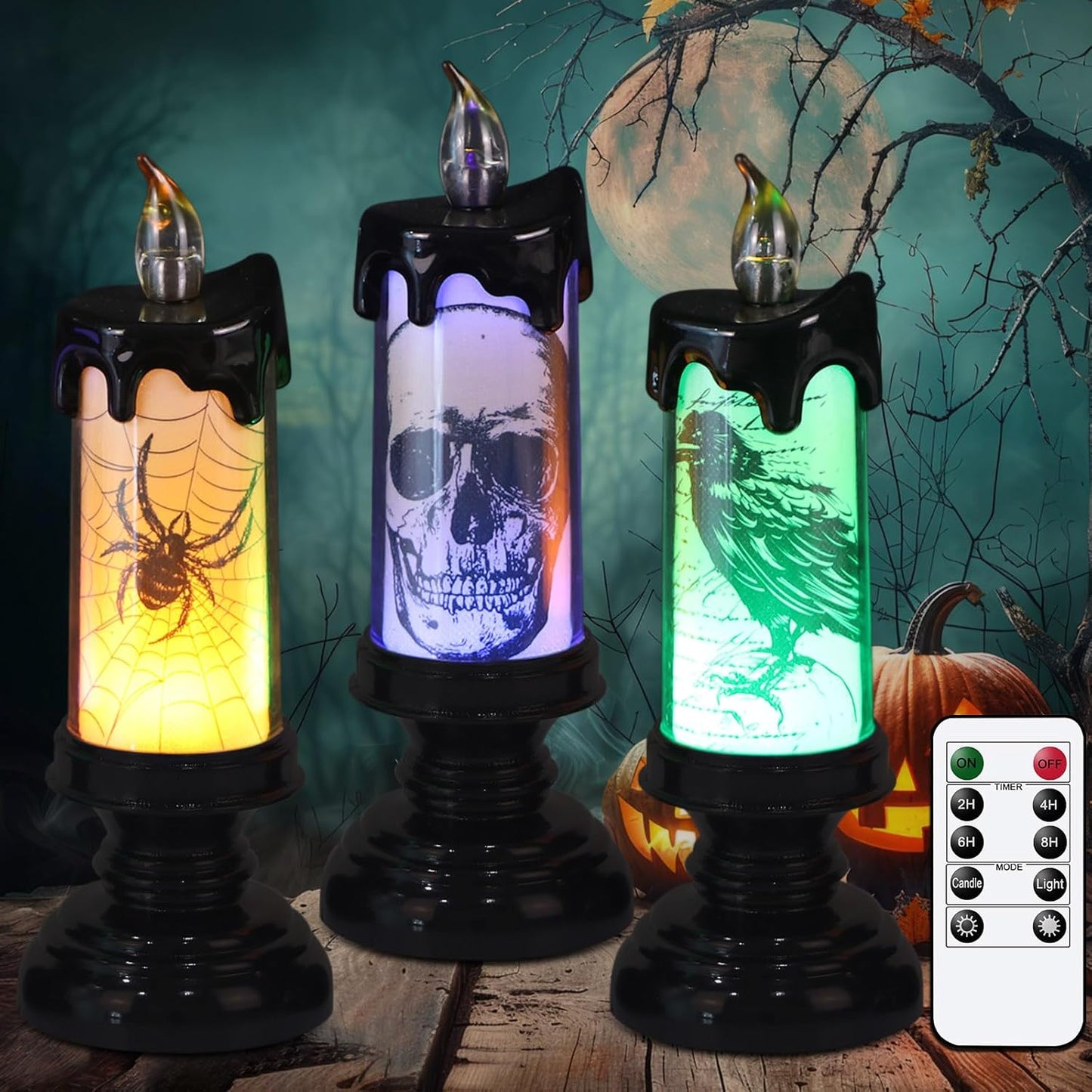 Halloween Flameless Candles, LED Flickering Battery Pillar Candles with 6H Timer and Pumpkin Decals, Spooky Fall Halloween Festival Party Decoration Set of 3 (D 3” X H 4” 5” 6”)