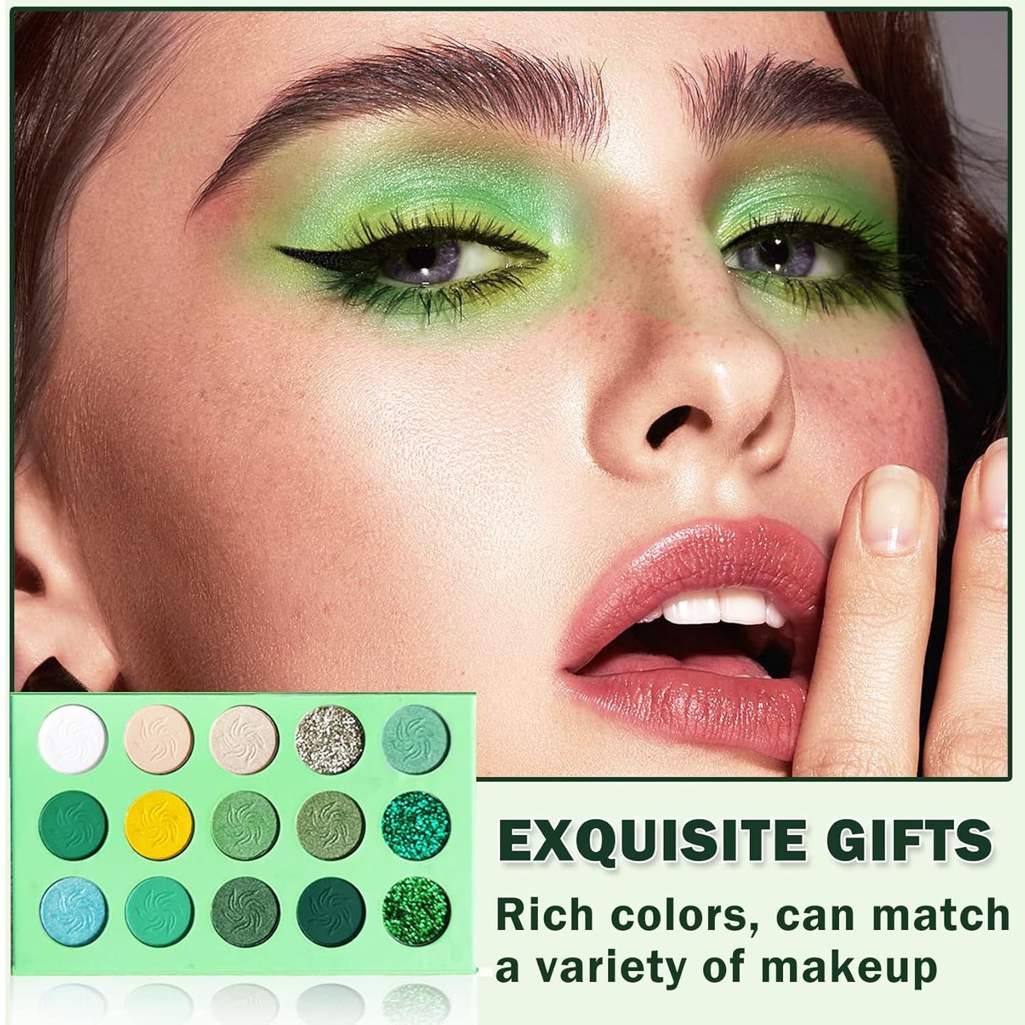 15 Color Green Eyeshadow Palette Highly Color, Long Lasting Waterproof Matte Shimmer Yellow Eye Shadow Palette Glitter Eyeshadow Pallets for Women Girls Daily Christmas Green Makeup