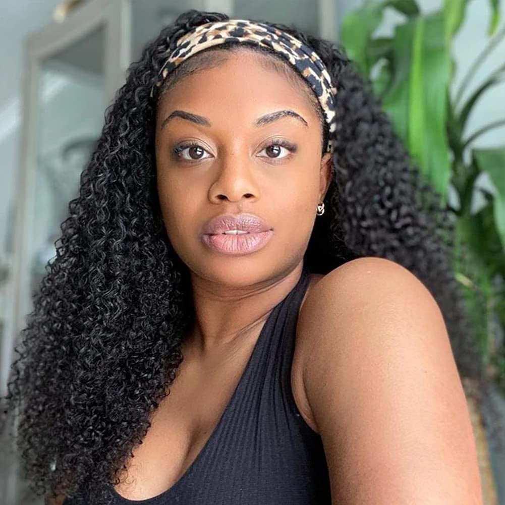 Glueless Wigs Human Hair Curly Headband Wig for Black Women (20 Inch) Brazilian Remy Hair Curly None Lace Front Wigs Human Hair Scarf No Gel Wigs