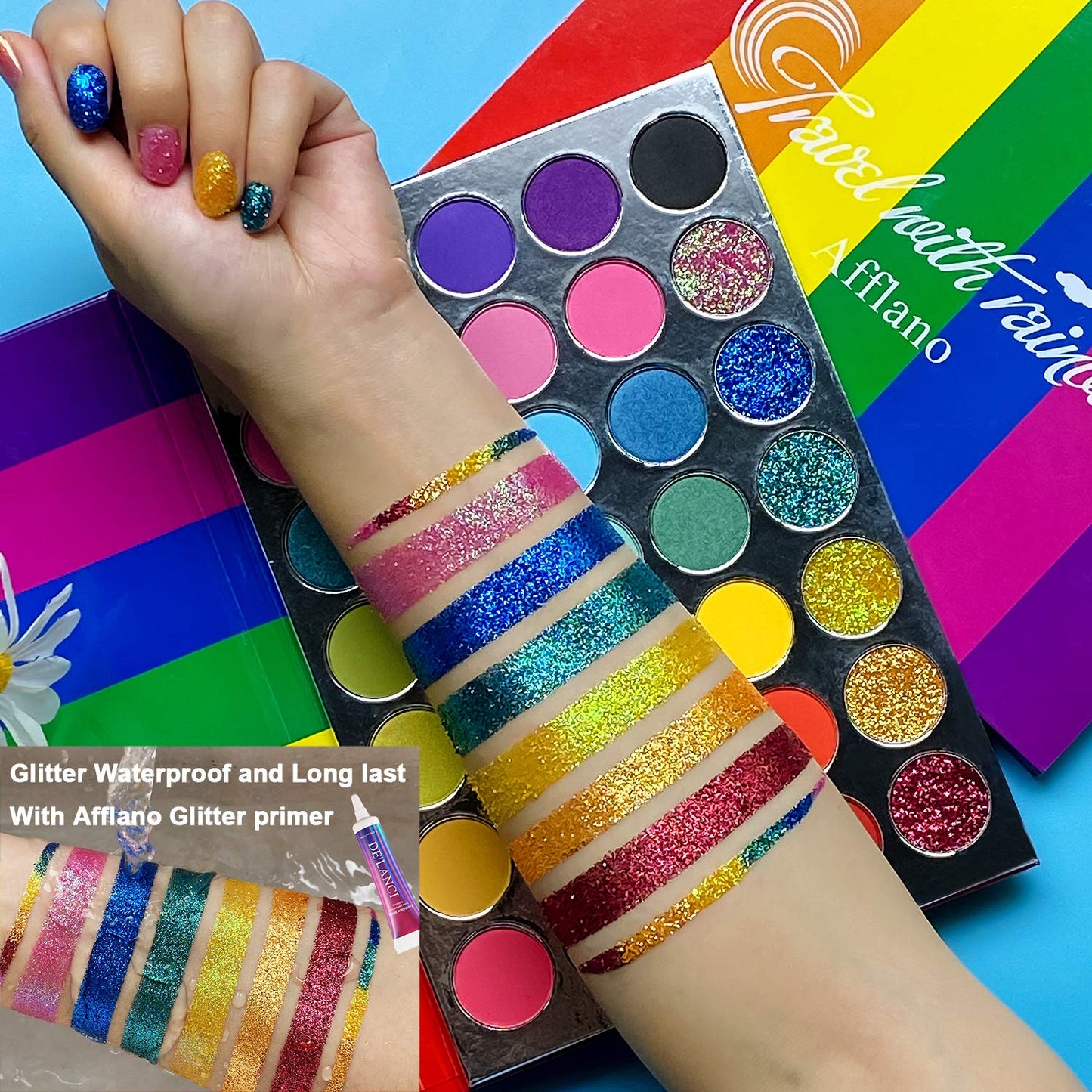 Rainbow Eyeshadow Palette Matte Shimmer Pressed Glitter, Pigmented Colorful Eye Shadow Pallets, Pink Red Orange Yellow Green Blue Purple 35 Color, Bright Prime Makeup Palette