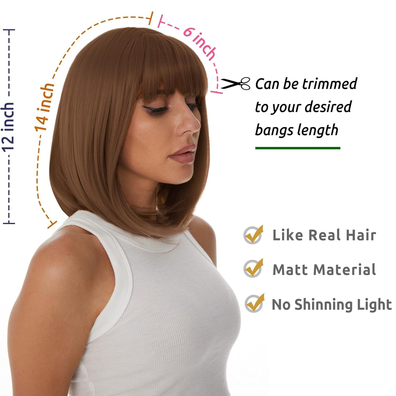 Auburn Bob Wigs with Bangs for Women Short Straight Shoulder Length Heat Resistant Synthetic Wig Light Golden Brown Natural Looking for Daily Cosplay Party