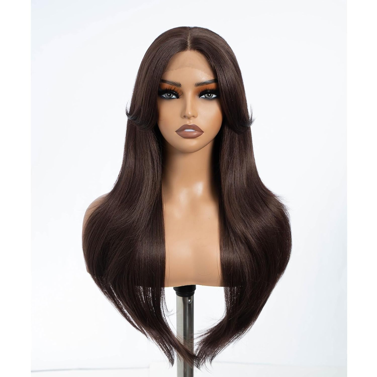Highlight Ombre Brown Dirty Blonde Layered Wigs with Curtain Bangs, Synthetic Lace Front Wigs with Bangs, Long Straight Middle Part HD Lace Wig with Natural Hairline 26 Inches Wigs for Women