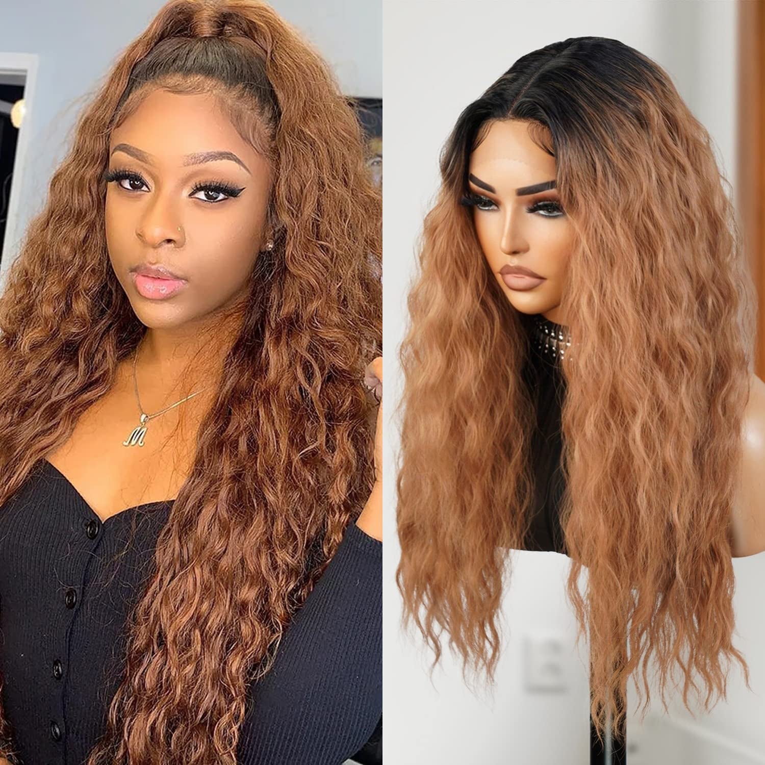 26 Inch Long Wavy Loose Deep Wave Swiss Lace Front Wig Middle Center Part Realistic Hairline for Black Women Heat Resistant Synthetic Wig DPL004 (1B-Off Black)