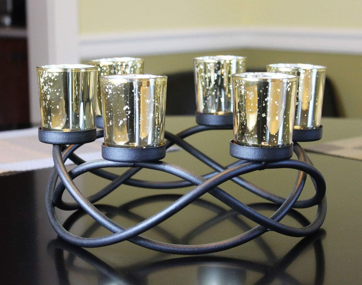 Halloween Candle Holder Centerpiece Decoration – Black Metal Iron 6-Cup Votive Tealight Holder for Spooky Table Gothic Decor, Kitchen & Dining Room, Coffee Tables