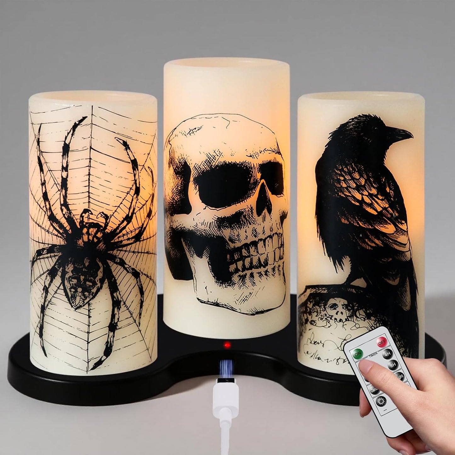 Halloween Flameless Candles, LED Flickering Battery Pillar Candles with 6H Timer and Pumpkin Decals, Spooky Fall Halloween Festival Party Decoration Set of 3 (D 3” X H 4” 5” 6”)
