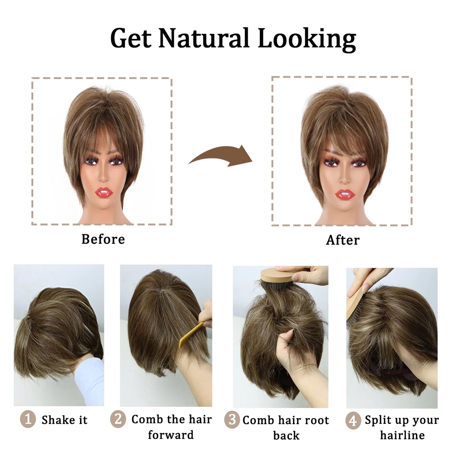 Short Brown Pixie Cut Wigs for Women with Bangs Highlight Blonde Synthetic Short Hair Wig