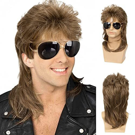 Mens Mullet Wigs Brown Curly 70S 80S Retro Cosplay Costume Wig Rocker Disco F...
