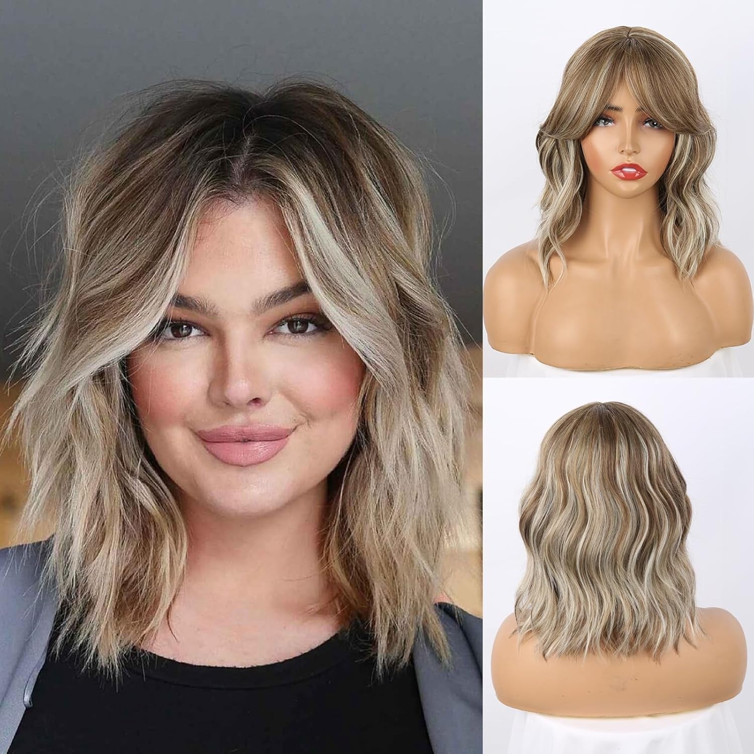 Dark Brown Wavy Bob Wig Natural Brown Curly Bob Wig with Curtain Bangs for Black Women,Synthetic Short Curly with Bangs Wavy Shoulder Length Hair for Daily Use 4#