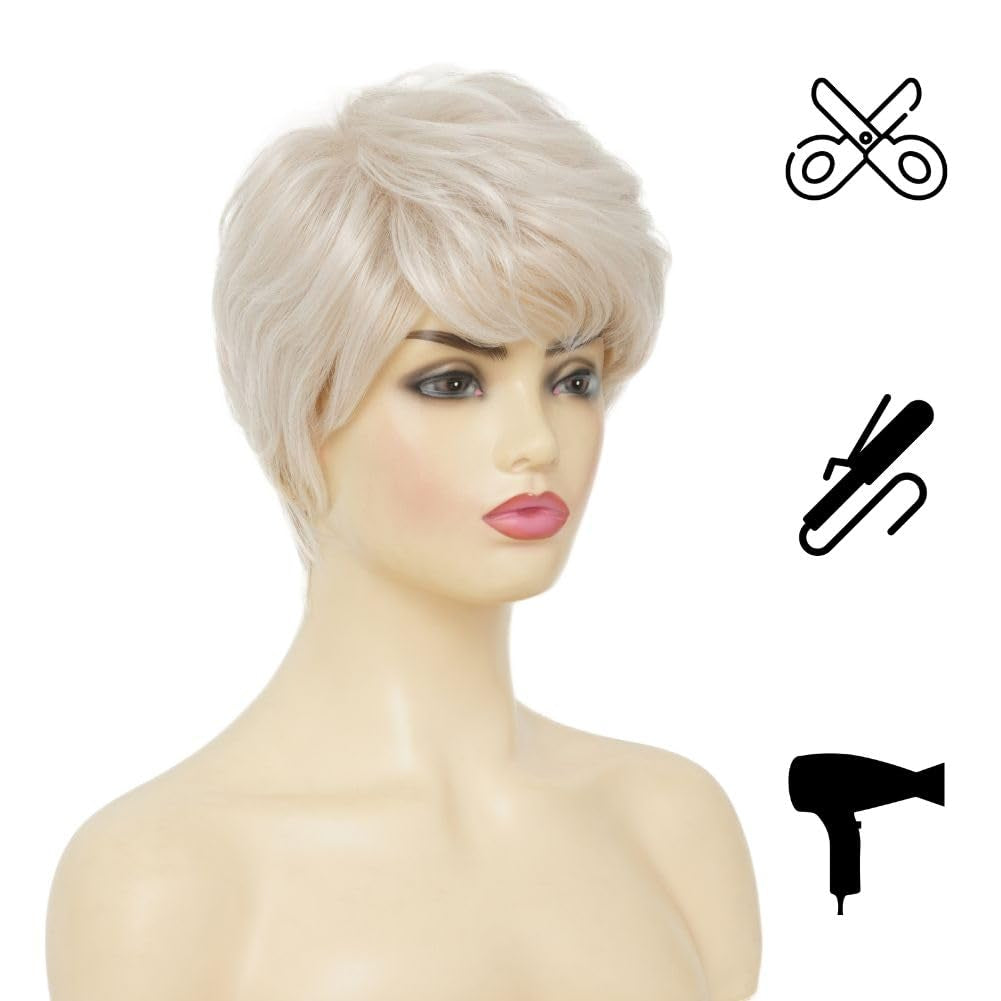 Short White Wigs for Women Pixie Cut Wig with Bangs Synthetic Hair Halloween Daily Party Wig(Silver White)