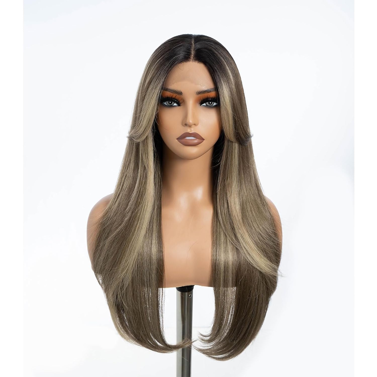 Highlight Ombre Brown Dirty Blonde Layered Wigs with Curtain Bangs, Synthetic Lace Front Wigs with Bangs, Long Straight Middle Part HD Lace Wig with Natural Hairline 26 Inches Wigs for Women