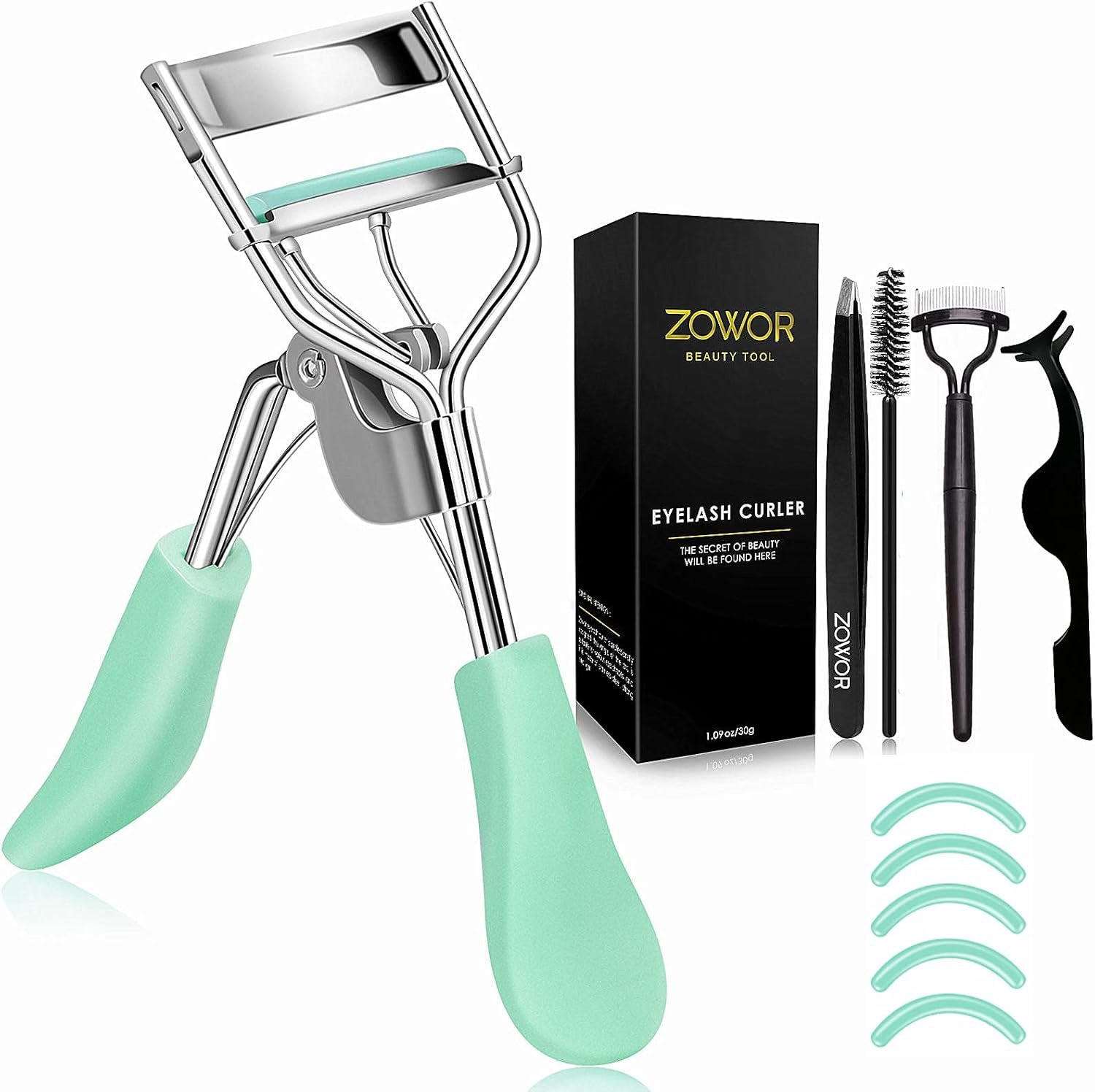 Eyelash Curler with Comb and Brush Fit All Eye Shape Curved Eyelash Curlers with 5PCS Silicone Refill Pad,Natural and Long Lasting Lash Curler for Women Make up Gift(Blue)