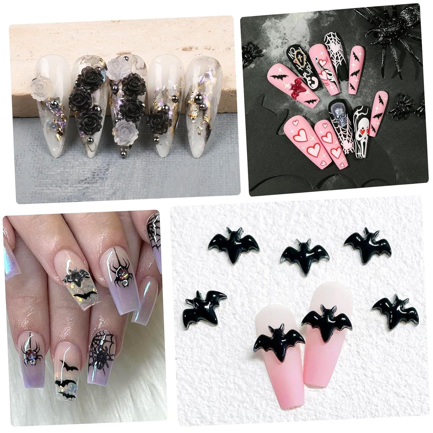 120 Pcs Halloween Resin 3D Nail Art Charms, Mix Styles Spider Snake Skull Hand Ghost Bat Flatback Slime Figures Charm with Half round Rhinestones Halloween Charms for Nails Hallows' Day Party DIY