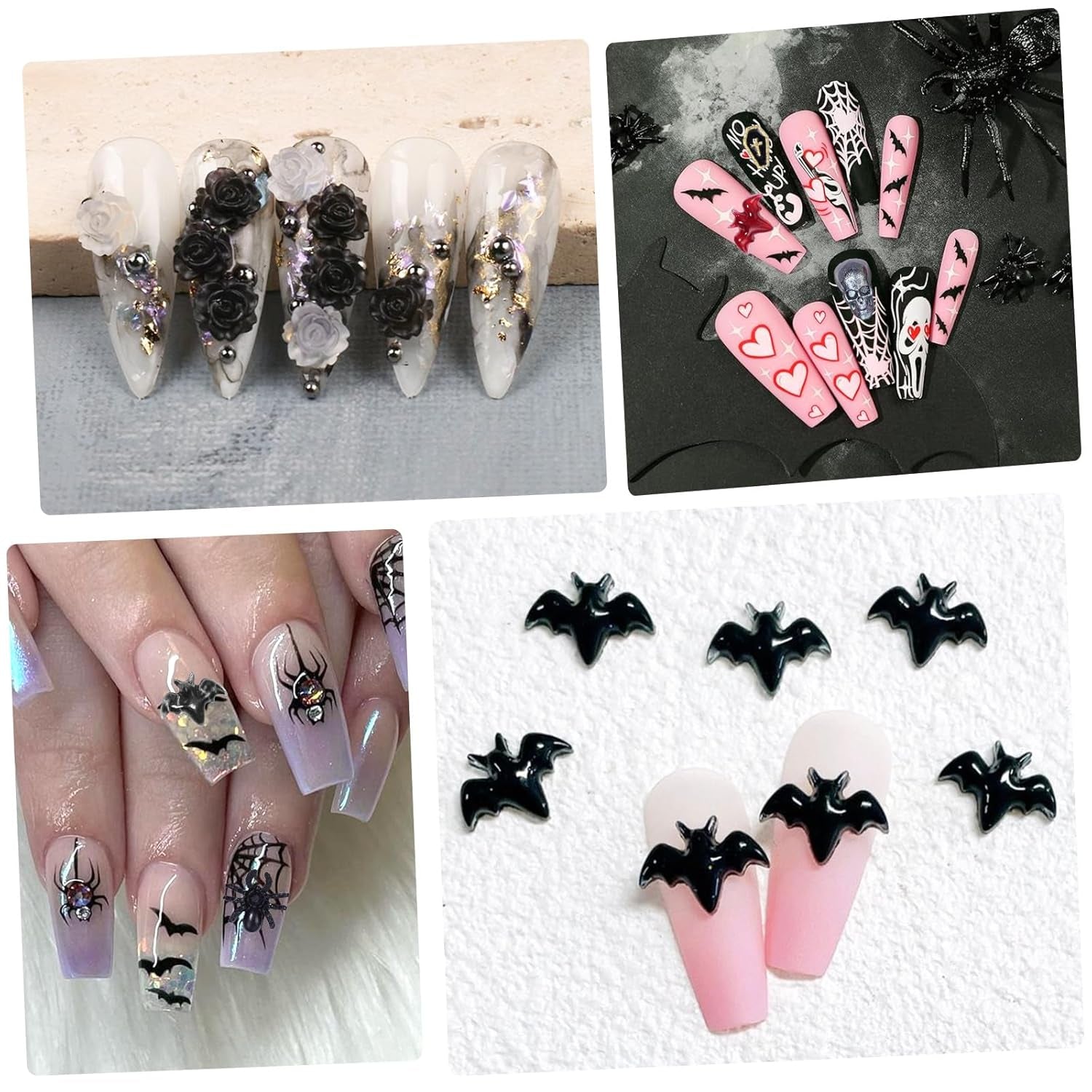 120 Pcs Halloween Resin 3D Nail Art Charms, Mix Styles Spider Snake Skull Hand Ghost Bat Flatback Slime Figures Charm with Half round Rhinestones Halloween Charms for Nails Hallows' Day Party DIY