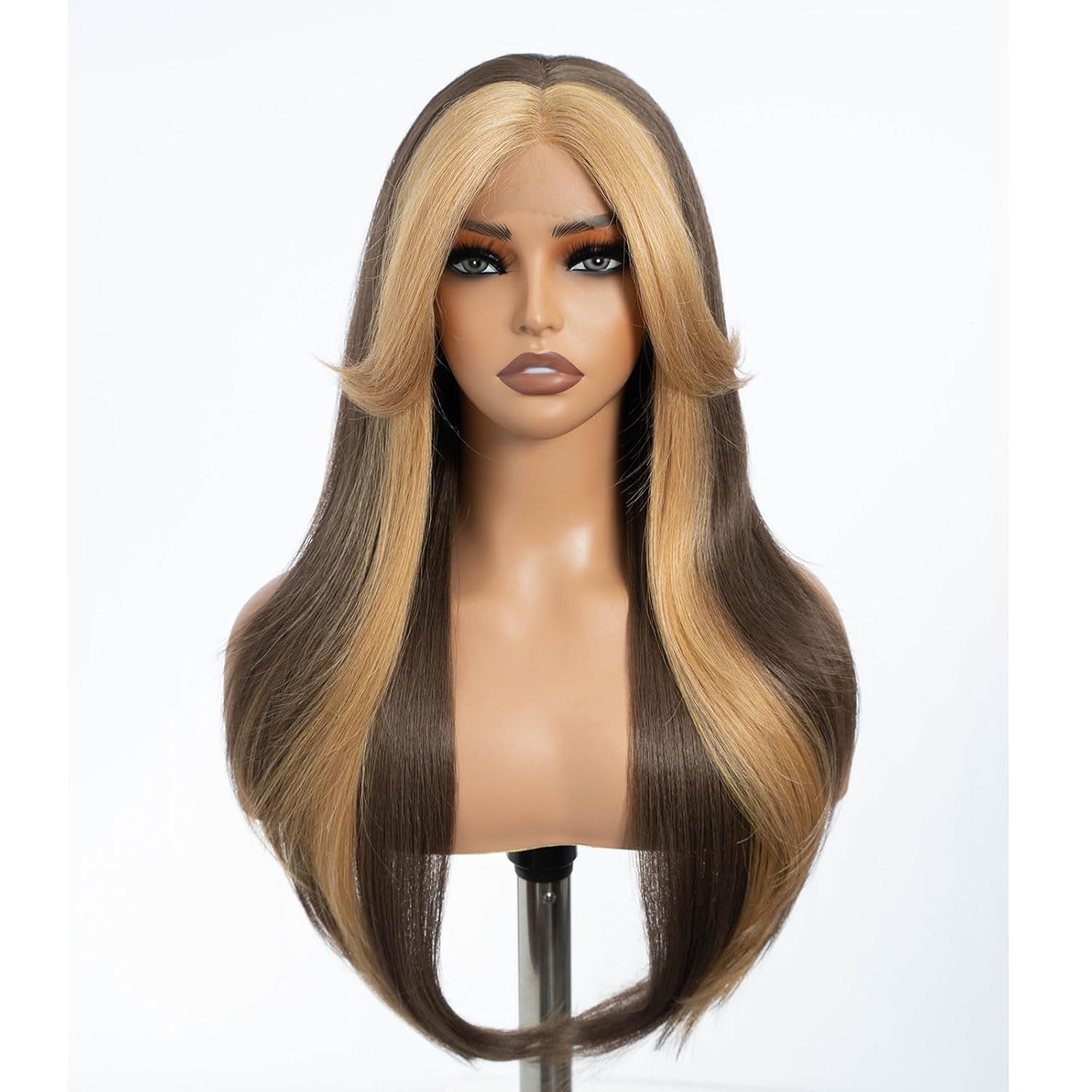Highlight Ombre Brown Dirty Blonde Layered Wigs with Curtain Bangs, Synthetic Lace Front Wigs with Bangs, Long Straight Middle Part HD Lace Wig with Natural Hairline 26 Inches Wigs for Women