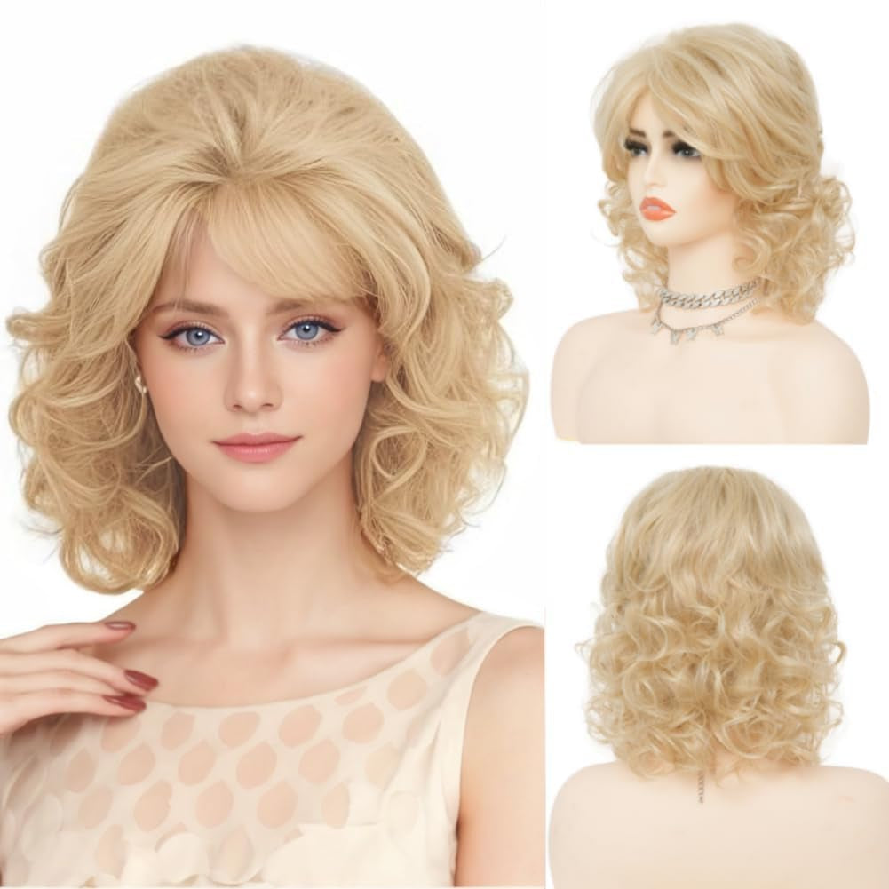 Short Blonde Curly Wigs for Women Fluffy Natural Looking Synthetic Cosplay Daily Hair Wig