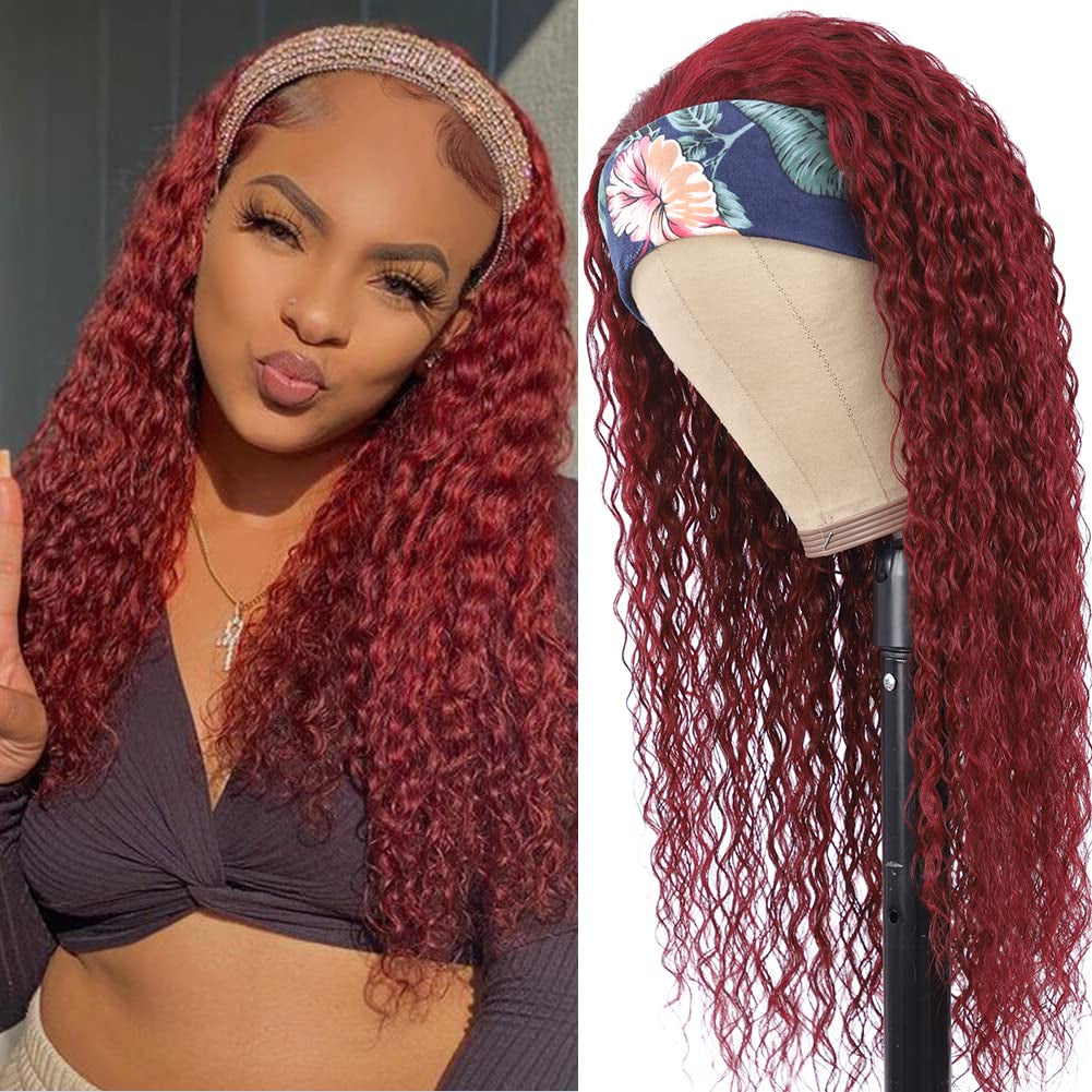 Glueless Wigs Human Hair Curly Headband Wig for Black Women (20 Inch) Brazilian Remy Hair Curly None Lace Front Wigs Human Hair Scarf No Gel Wigs