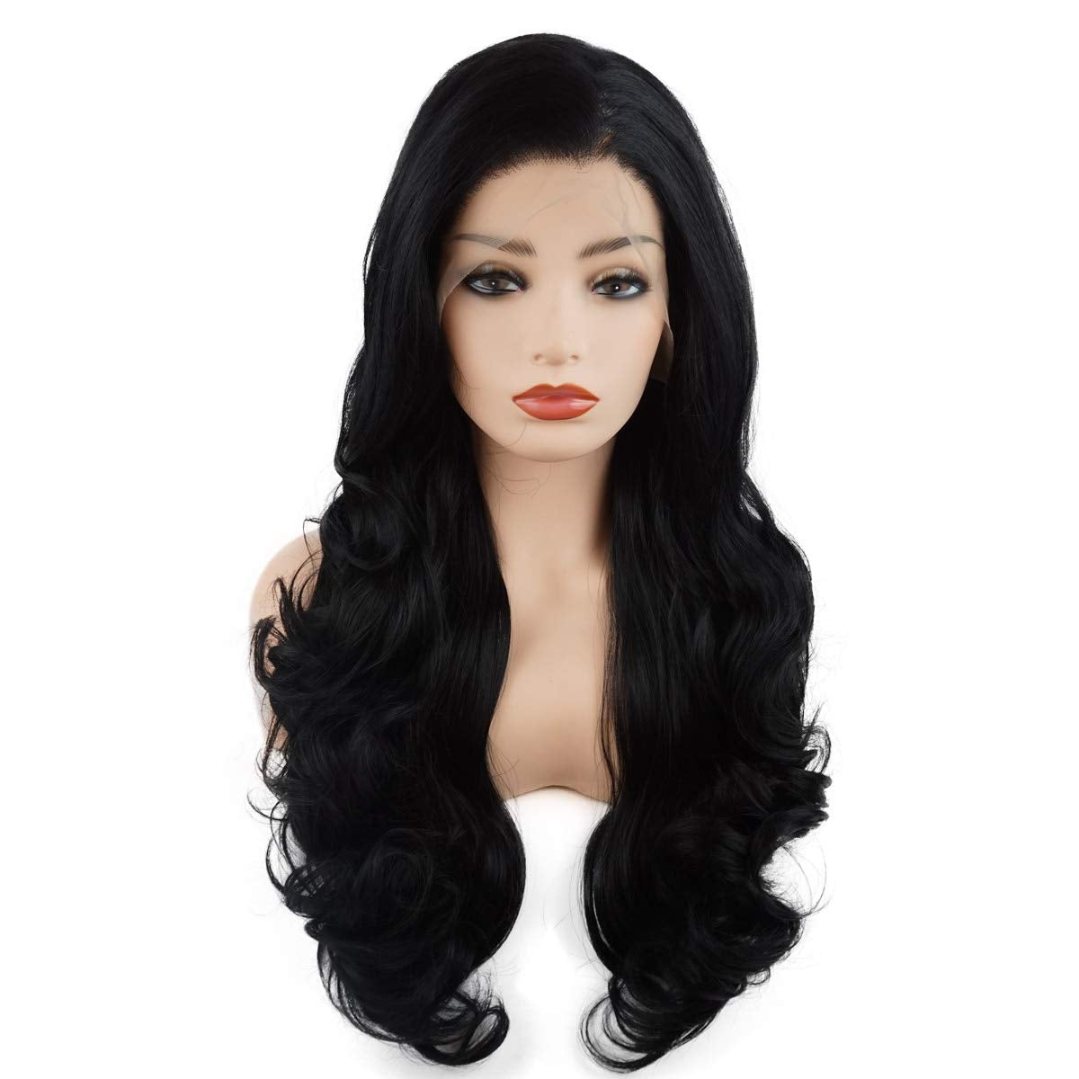 Hair Wavy Long 26Inch Black Half Hand Tied Heavy Density Realistic Synthetic Lace Front Wigs