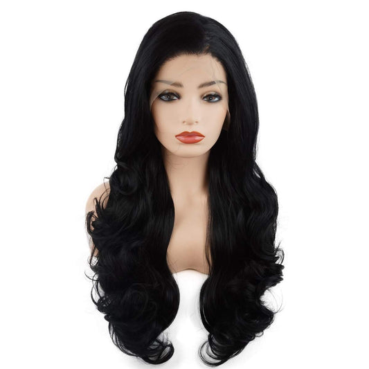 Hair Wavy Long 26Inch Black Half Hand Tied Heavy Density Realistic Synthetic Lace Front Wigs