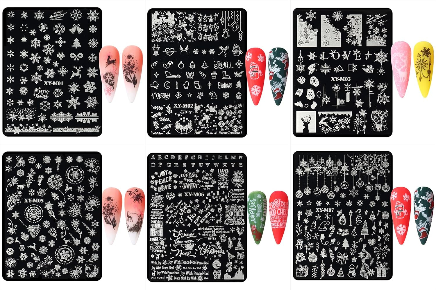 6Pcs Christmas Stamping Plates Set Winter Nail Stamp Kit Xmas Art Image Plates with Snowflakes Tree Bell Snowman Elk Designs DIY Stainless Steel Polish Template