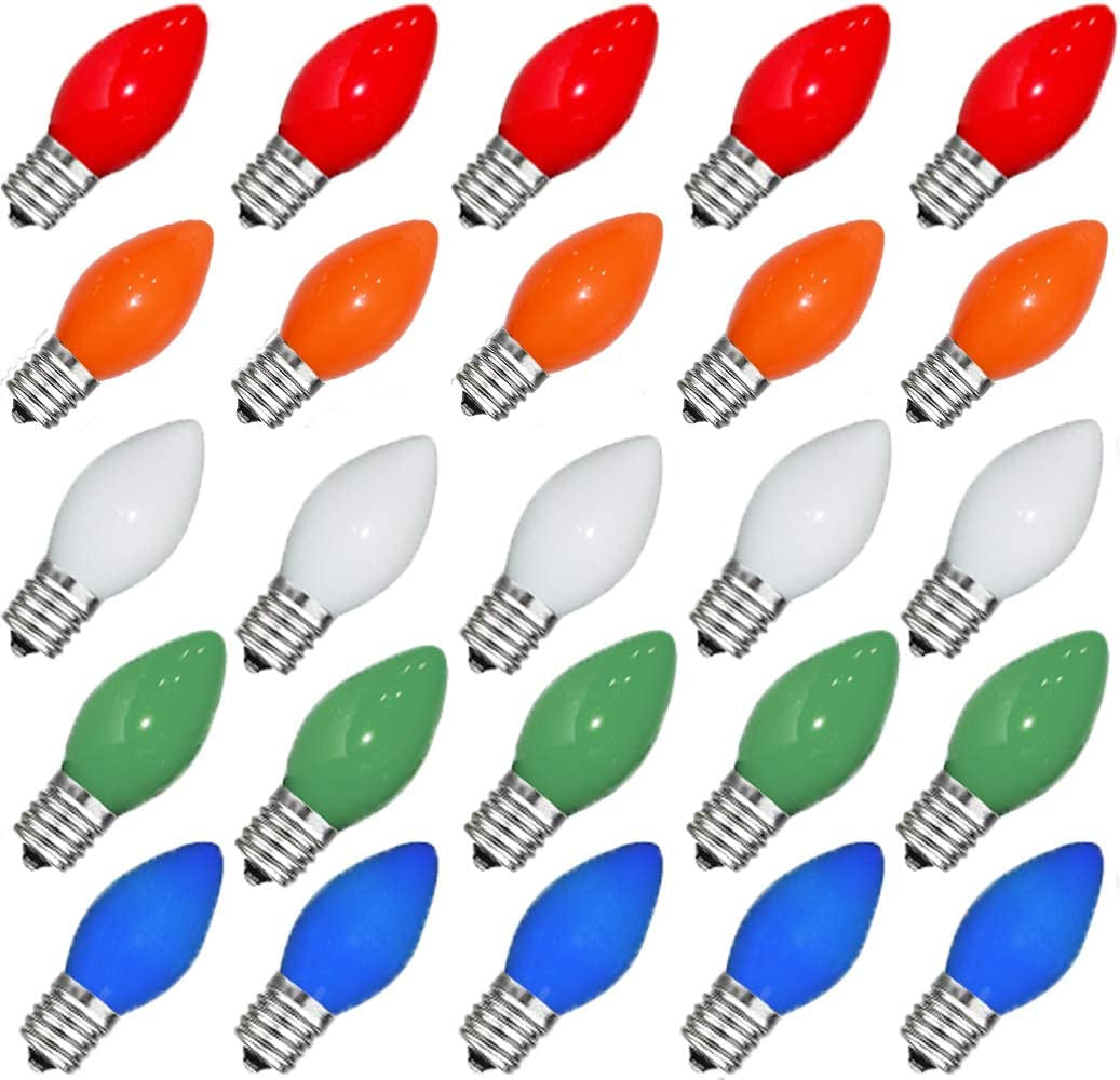 25 Pack C7 Halloween Replacement Light Bulbs, Orange Ceramic Christmas Lights for Halloween Outdoor Patio Indoor Xmas String Lights, C7/E12 Candelabra Base, 5 Watt, Orange