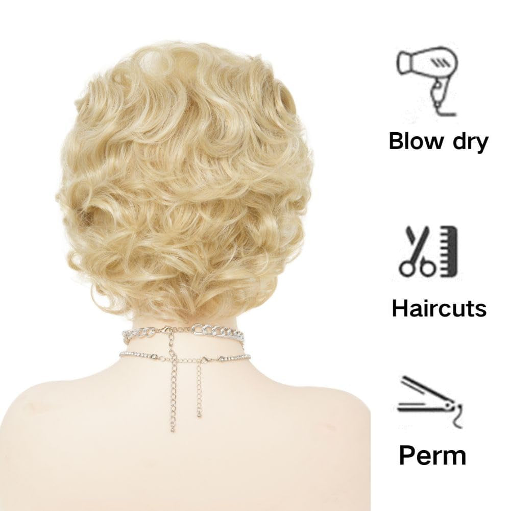 Short Blonde Curly Wigs for Women Fluffy Natural Looking Synthetic Cosplay Daily Hair Wig