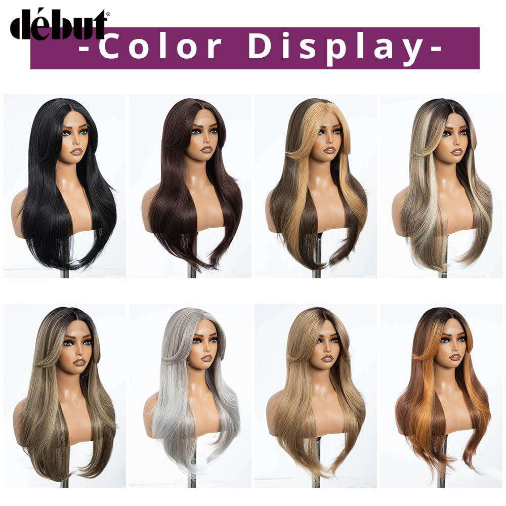 Highlight Ombre Brown Dirty Blonde Layered Wigs with Curtain Bangs, Synthetic Lace Front Wigs with Bangs, Long Straight Middle Part HD Lace Wig with Natural Hairline 26 Inches Wigs for Women