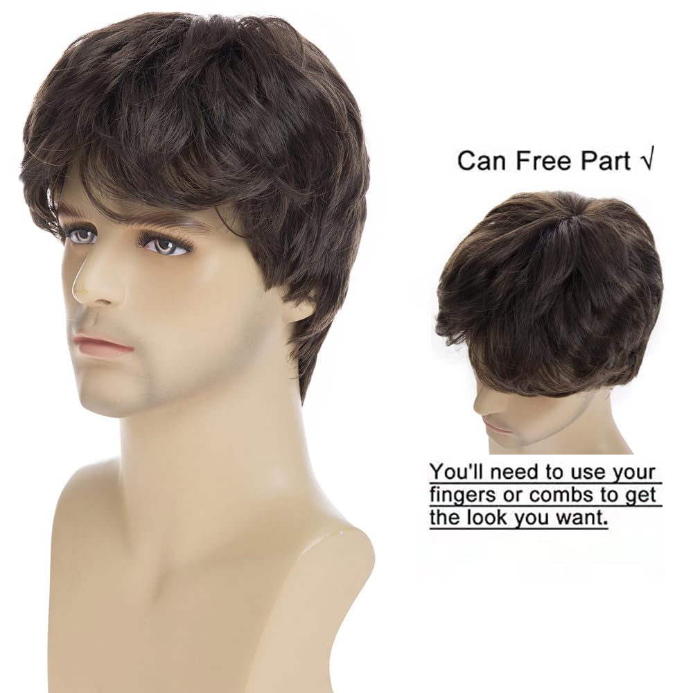 Mens Short Brown Wig Synthetic Natural Replacement Hair Wig for Daily Party Wear