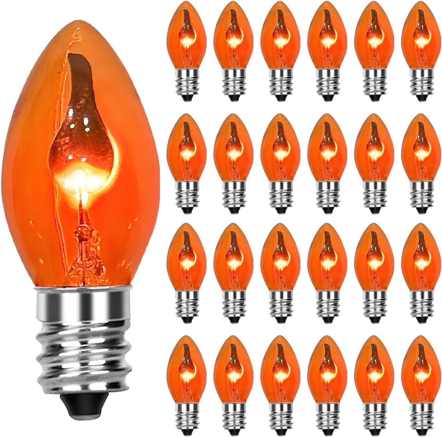 25 Pack C7 Halloween Replacement Light Bulbs, Orange Ceramic Christmas Lights for Halloween Outdoor Patio Indoor Xmas String Lights, C7/E12 Candelabra Base, 5 Watt, Orange