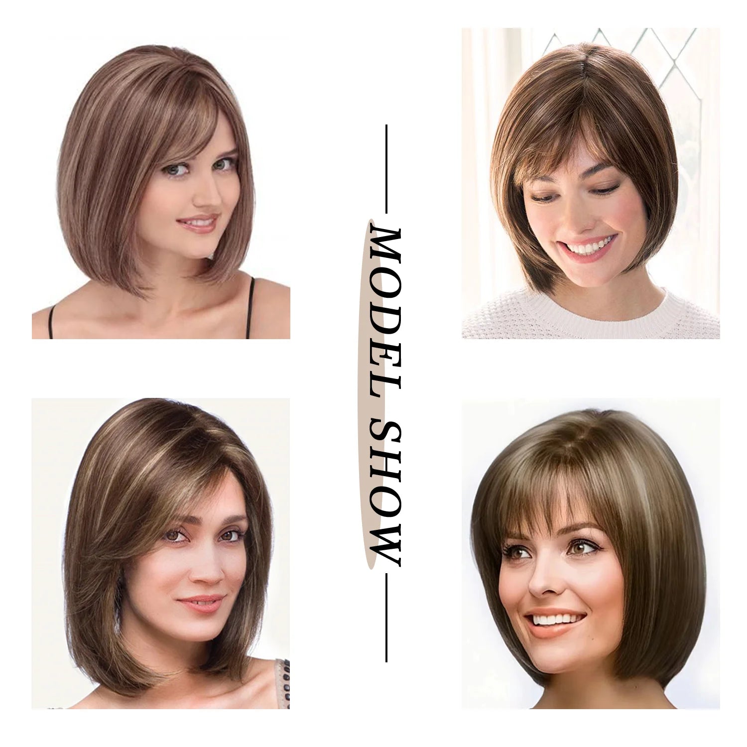 10Inch Short Brown Bob Wig with Bangs Highlight Blonde Short Wigs for Women