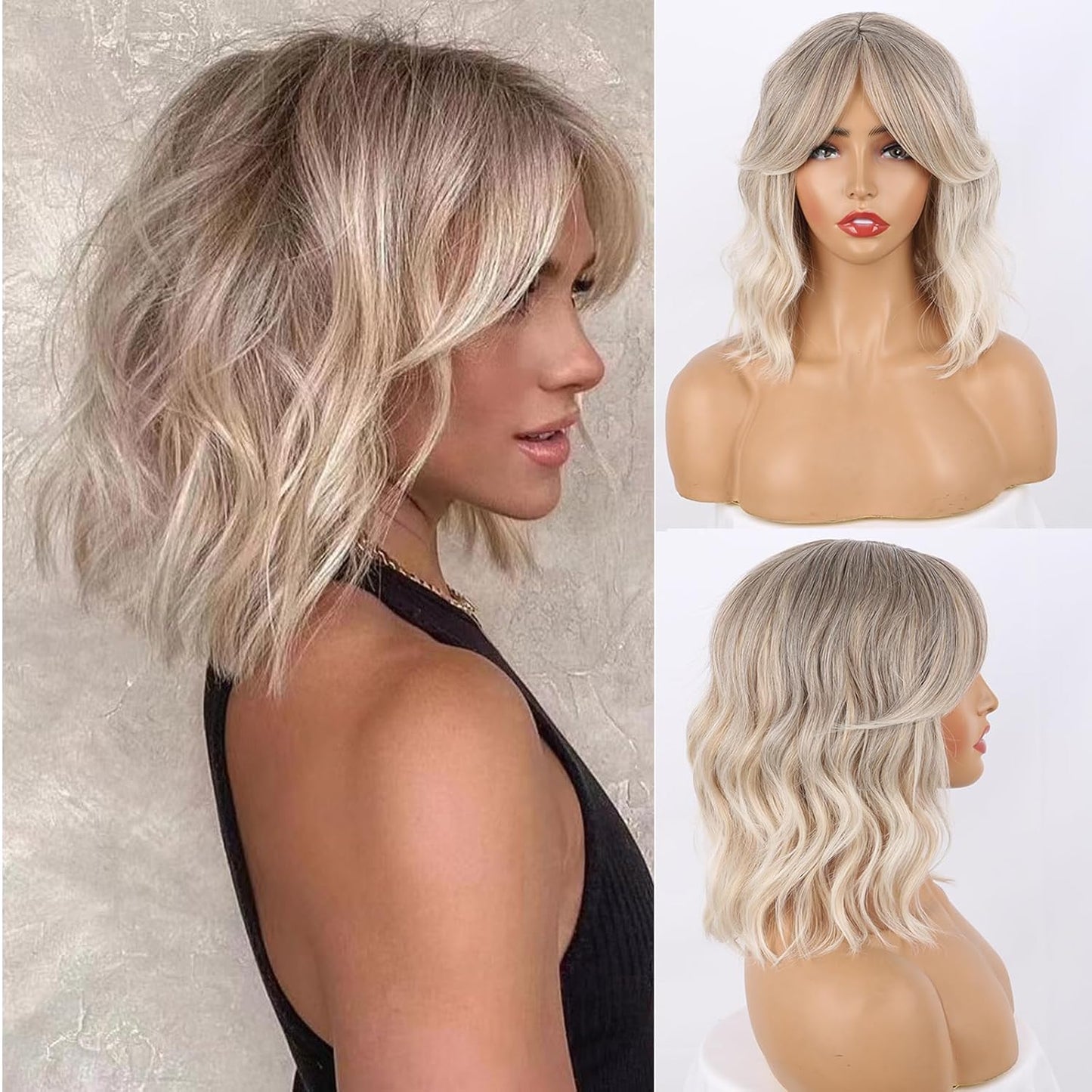 Dark Brown Wavy Bob Wig Natural Brown Curly Bob Wig with Curtain Bangs for Black Women,Synthetic Short Curly with Bangs Wavy Shoulder Length Hair for Daily Use 4#