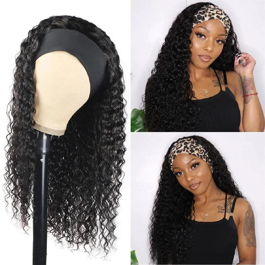 Glueless Wigs Human Hair Curly Headband Wig for Black Women (20 Inch) Brazilian Remy Hair Curly None Lace Front Wigs Human Hair Scarf No Gel Wigs