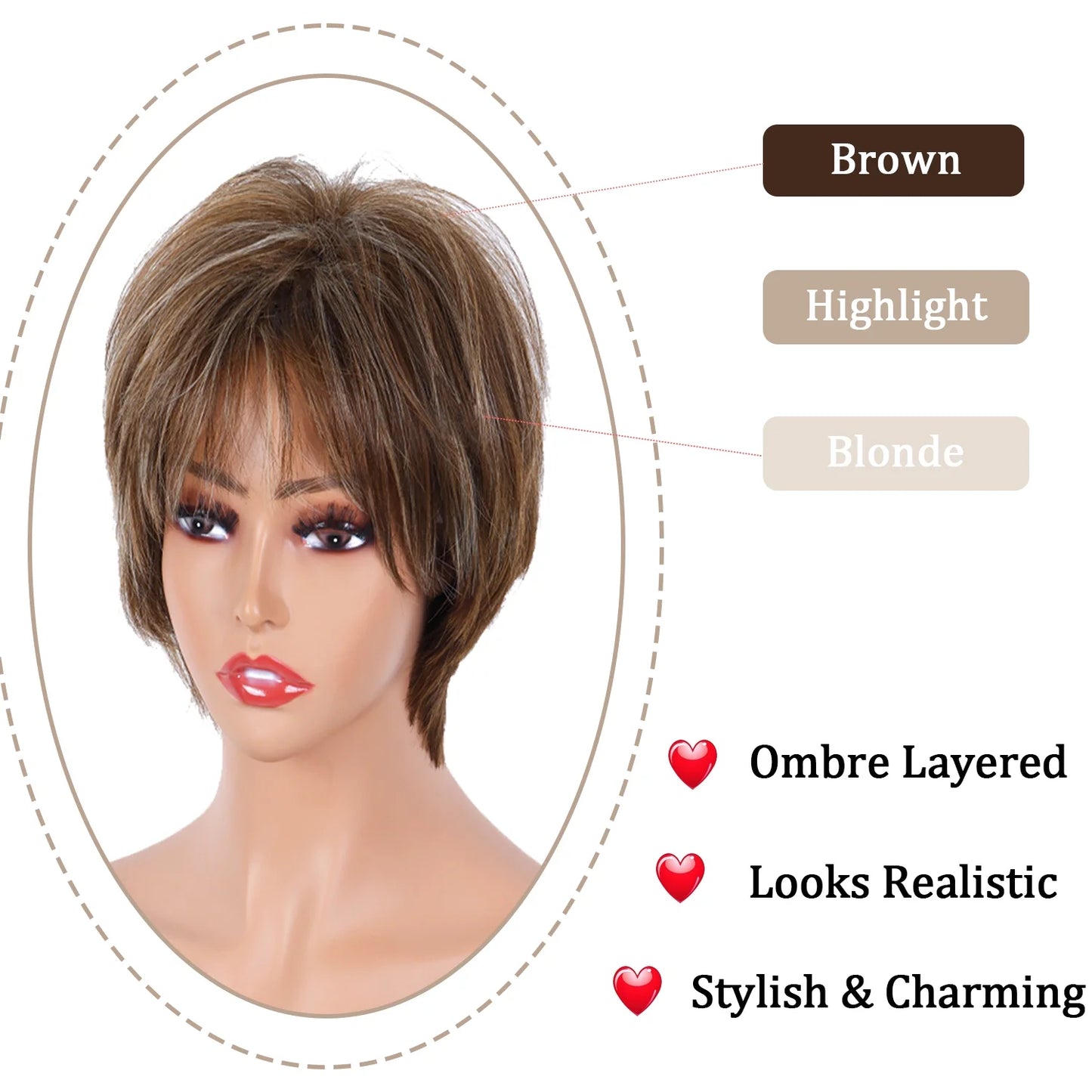 Short Brown Pixie Cut Wigs for Women with Bangs Highlight Blonde Synthetic Short Hair Wig