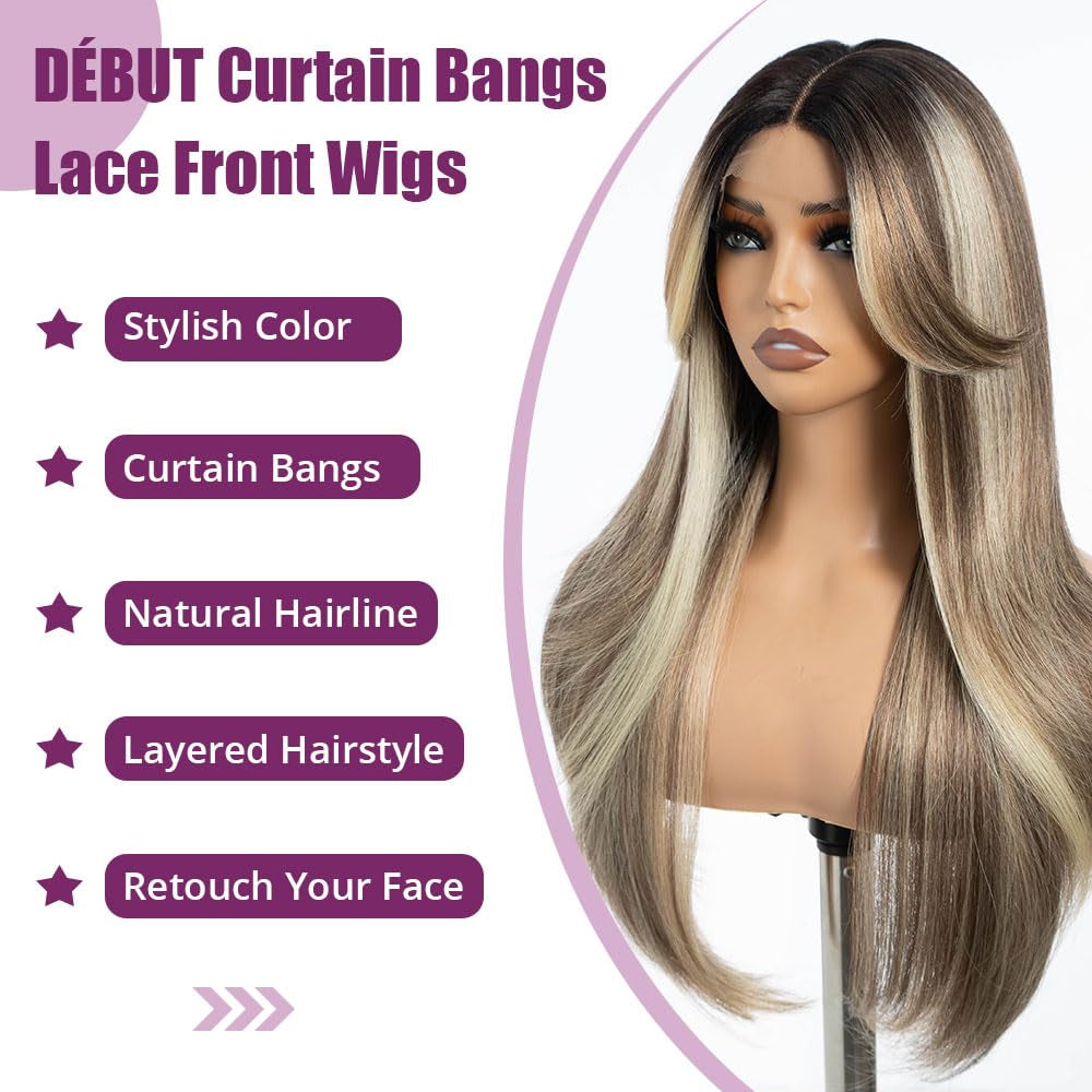 Highlight Ombre Brown Dirty Blonde Layered Wigs with Curtain Bangs, Synthetic Lace Front Wigs with Bangs, Long Straight Middle Part HD Lace Wig with Natural Hairline 26 Inches Wigs for Women