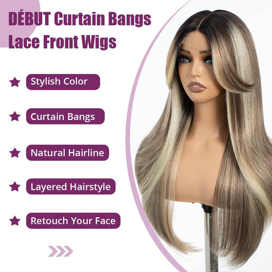 Highlight Ombre Brown Dirty Blonde Layered Wigs with Curtain Bangs, Synthetic Lace Front Wigs with Bangs, Long Straight Middle Part HD Lace Wig with Natural Hairline 26 Inches Wigs for Women