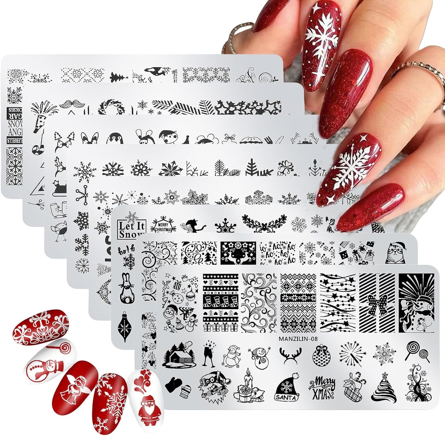 6Pcs Christmas Stamping Plates Set Winter Nail Stamp Kit Xmas Art Image Plates with Snowflakes Tree Bell Snowman Elk Designs DIY Stainless Steel Polish Template