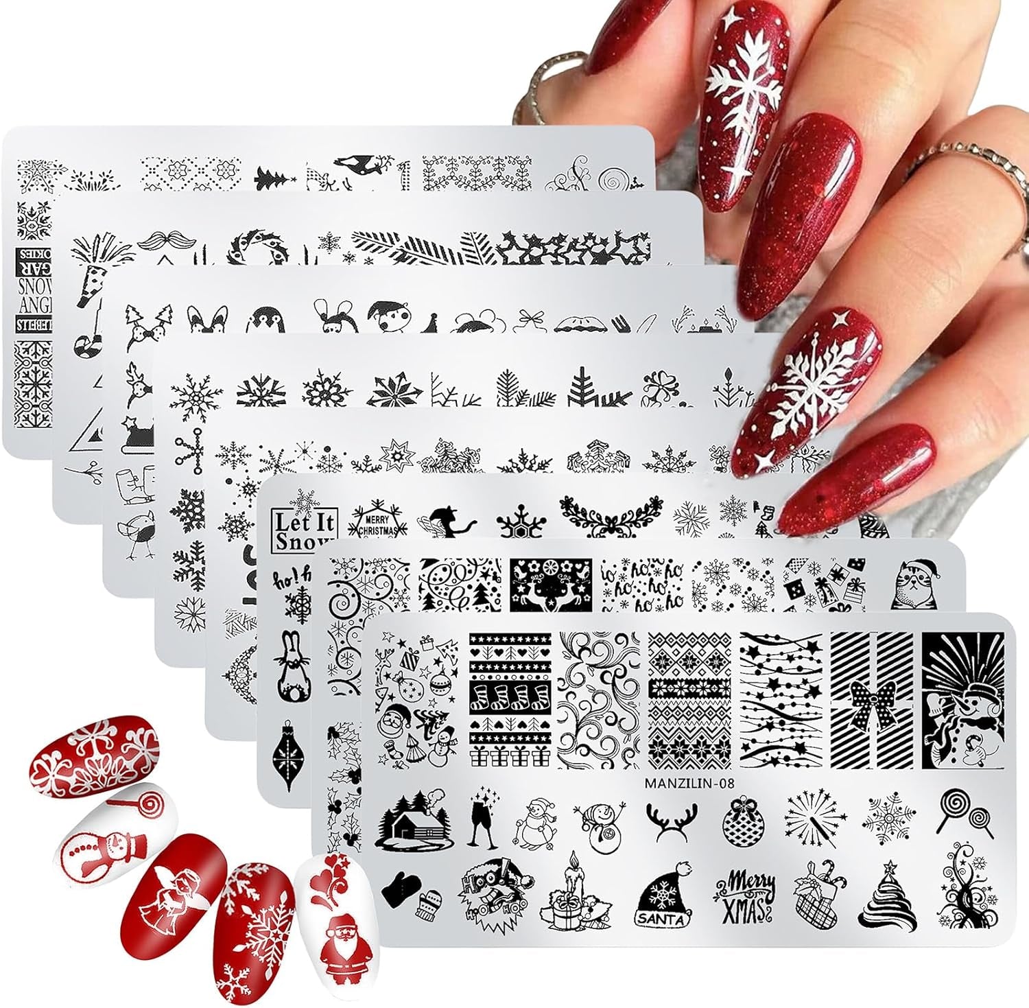 6Pcs Christmas Stamping Plates Set Winter Nail Stamp Kit Xmas Art Image Plates with Snowflakes Tree Bell Snowman Elk Designs DIY Stainless Steel Polish Template