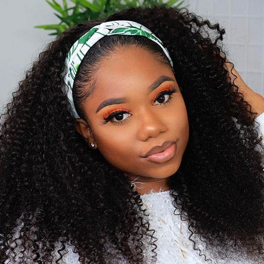 Glueless Wigs Human Hair Curly Headband Wig for Black Women (20 Inch) Brazilian Remy Hair Curly None Lace Front Wigs Human Hair Scarf No Gel Wigs