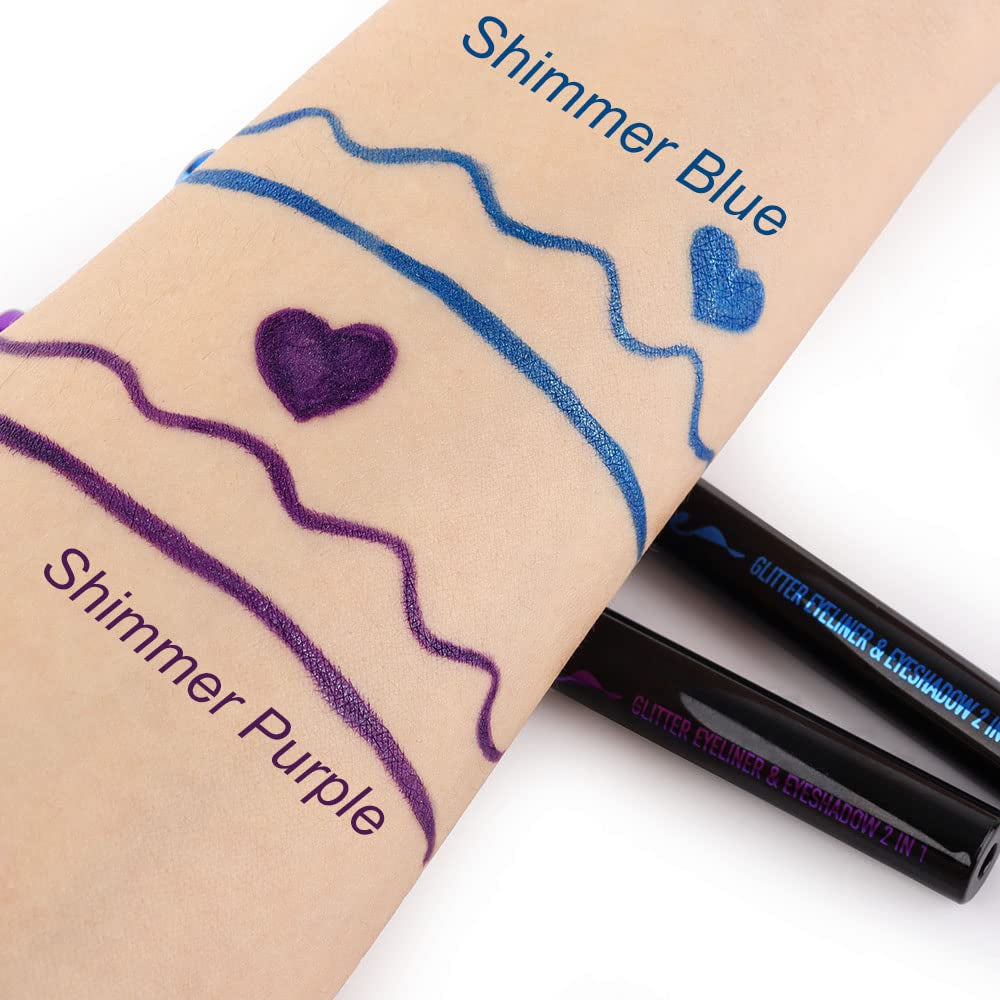 2Pcs Royal Blue & Purple Glitter Colored Liquid Eyeliner Eye Shadow Makeup Pencil Set, Purple Blue Face Body Glitter Makeup Fake Eyelashes Mascara, Sparkle Metallic Shimmer Eyeliner Waterproof