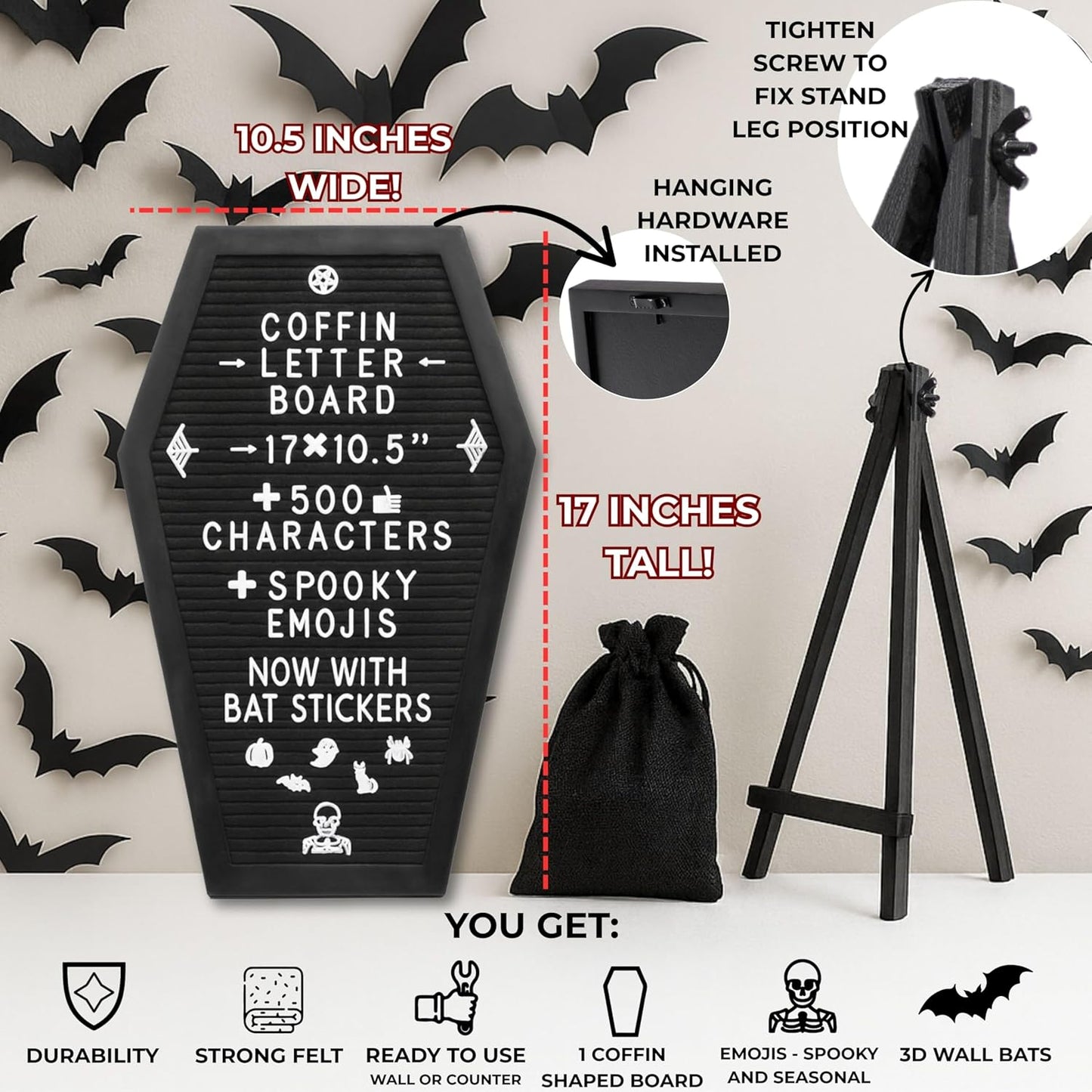 Coffin Letter Board Black +3D Bat Stickers +650 Characters, Spooky & Seasonal Emojis, Wooden Stand - 17X10.5 Inches - Coffin Shaped Goth Decor Sign Witchy Halloween Decorations Gothic Decor Birthday Wedding Home Spooky Gifts