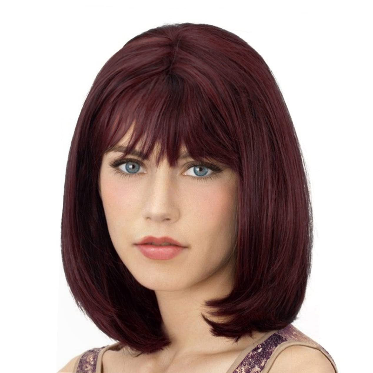 Auburn Bob Wigs with Bangs for Women Short Straight Shoulder Length Heat Resistant Synthetic Wig Light Golden Brown Natural Looking for Daily Cosplay Party