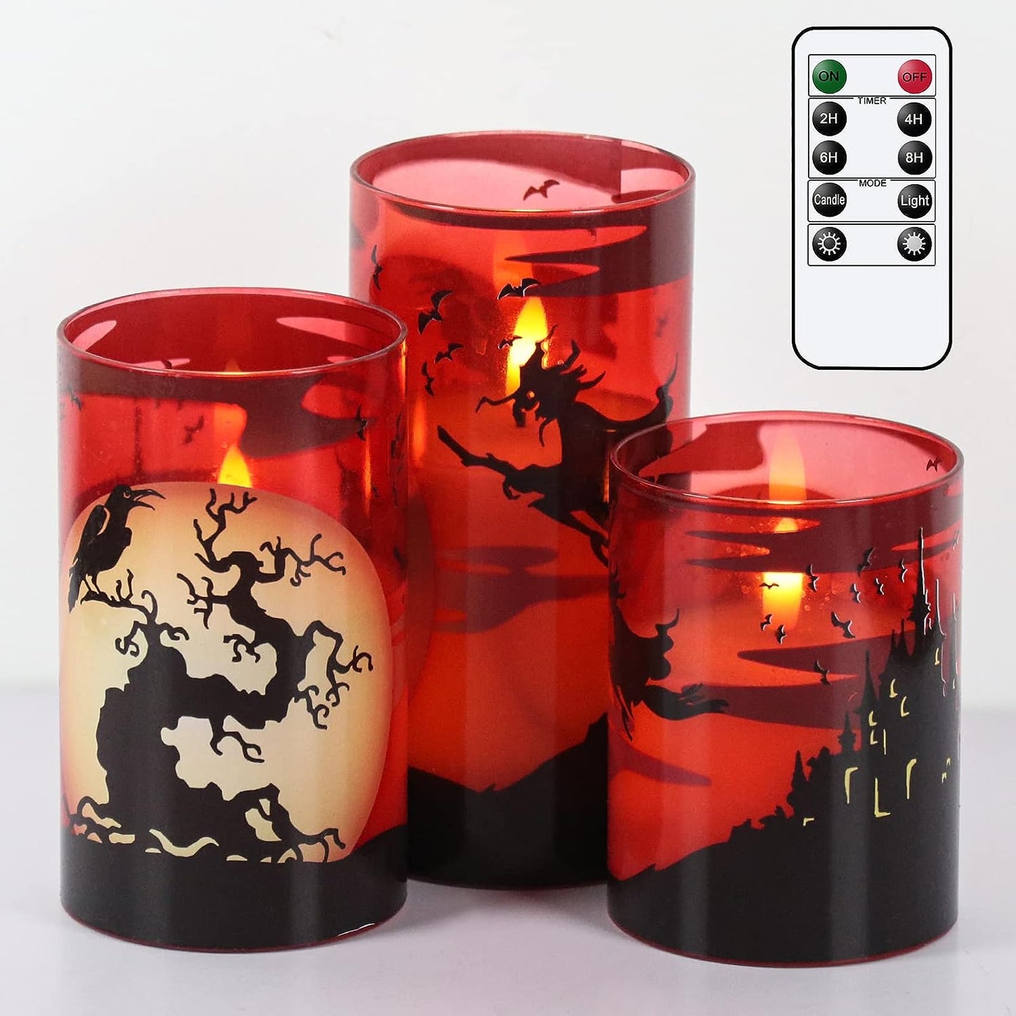 Halloween Flameless Candles, LED Flickering Battery Pillar Candles with 6H Timer and Pumpkin Decals, Spooky Fall Halloween Festival Party Decoration Set of 3 (D 3” X H 4” 5” 6”)